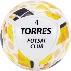 Мяч футзал. TORRES Futsal Club, FS32084, р.4, 10 пан. PU, 4 под. сл, гибрид. сш. бело-зол-чер